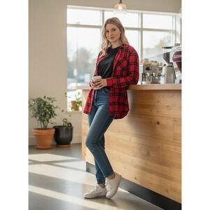 St. Johns Bay Womens Red Black Plaid Flannel Button Down Shirt Size L Grunge